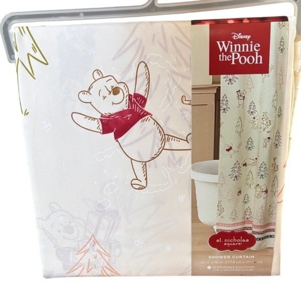 Disney Winnie the Pooh Holiday Fabric Shower Curtain Cream & Red Christmas 70"